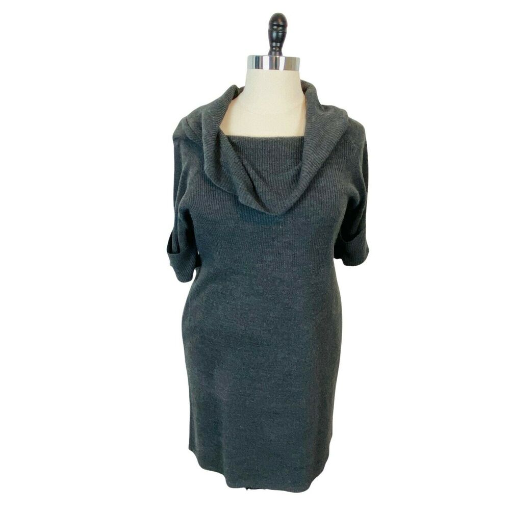 Susan Lawrence Sweater Dress Womens Gray Knitted 3/4 Sleeve Cowl Neck Size 2X